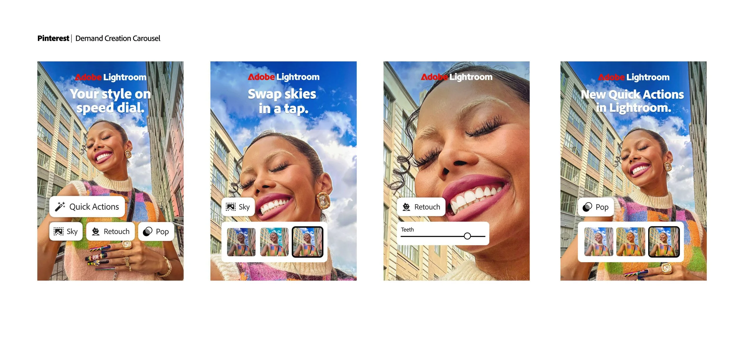 A woman smiling outdoors during the day, applying photo editing on her phone via Adobe Lightroom app, with a cityscape and blue sky in the background, demonstrating features like quick actions, sky retouching, teeth enhancement, and pop effects.