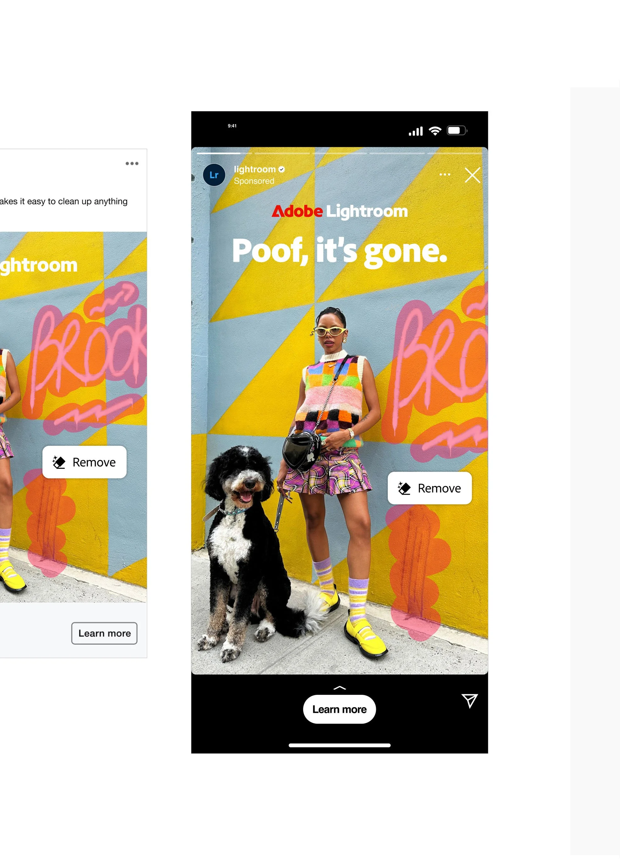 A woman standing next to a black and white dog in front of a colorful mural wall. The wall has a blue background with yellow geometric shapes and pink graffiti-style writing. The woman is wearing a multicolored sleeveless top, a pink plaid skirt, yellow shoes, and striped socks. She is also wearing sunglasses and holding a black bag. The mural features the text 'Poof, it's gone.' with the Adobe Lightroom logo and the word 'Sponsored' at the top.