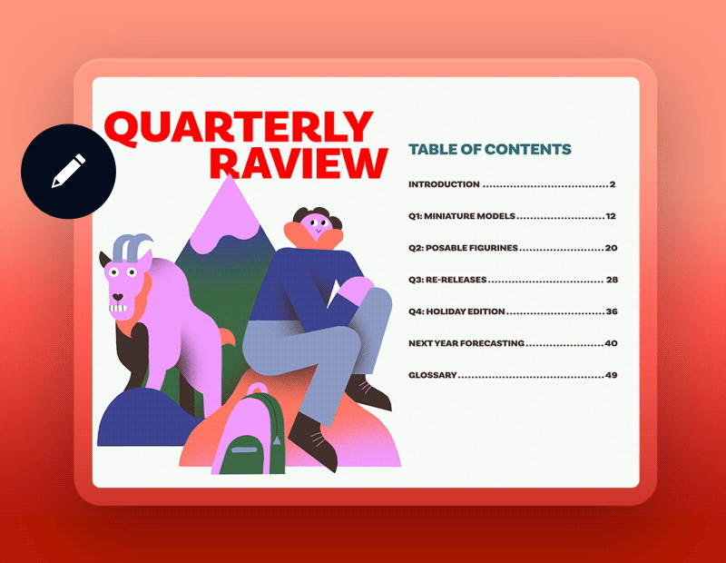 Acrobat Product feature demo. An illustration that shows a mountain, a guy and goat being animated to show the word Review being adjusted from a typo to to the actual correct word.